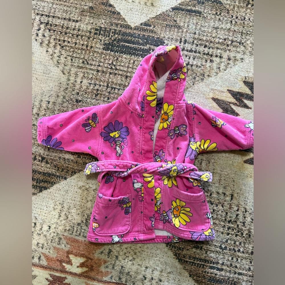 Frette Toddler 2/3 Small Pink Floral Hooded Robe Mouse and Flowers